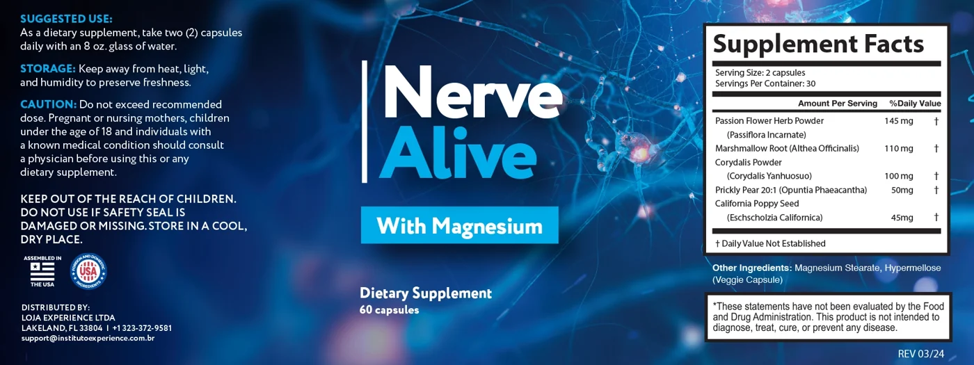 Nerve Alive label with Supplement Facts: Passion Flower 145 mg, Marshmallow Root 110 mg, Corydalis 100 mg, Prickly Pear 20:1 50 mg and California Poppy seed 45 mg per two-capsule serving, 60 capsules per bottle